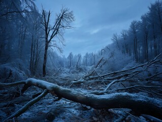 Snow-covered fallen trees in frozen forest after severe winter storm