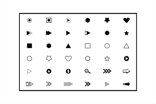 Bullet points.List icon set with geometric shapes , arrows, stars, hearts in out line style. Minimal user interface for apps website infographics.