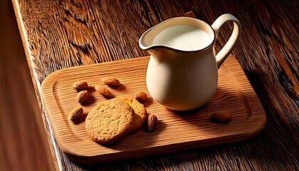 wooden surface, wooden board, milk, biscuits, almonds, ceramic pitcher, and rustic