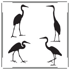Set of Black Silhouetted Herons - Various Poses including Standing, Walking, and Stalking - Vector Icons for Birds, Nature, and Wildlife
