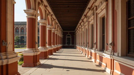 Long cloister walkway with red columns and arched ceiling
