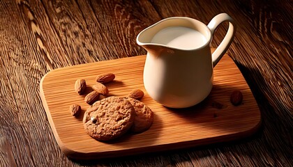 wooden surface, wooden board, milk, biscuits, almonds, ceramic pitcher, and rustic