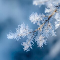 Close-Up of Frosted Tree Branch Covered in Intricate Ice Crystals in Cold Morning Light