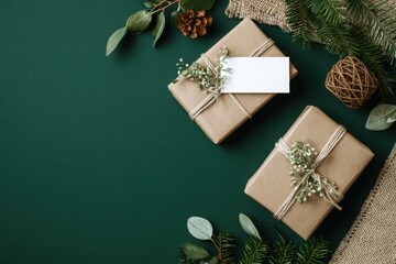 photo of christmas gifts on a green background, top view. flat lay with copy space for text. close-up shot. mockup concept for design. holiday concept.