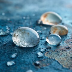 Transparent Ice Spheres Melting on Rough Surface Under Soft Light Representing Thaw