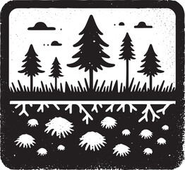 Obraz premium Black and White Illustration of Forest Trees Above and Below Gro