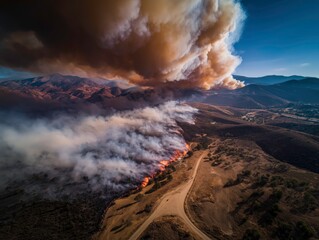 Wide aerial view of a wildfire line spreading through a dry mountain valley under thick smoke clouds