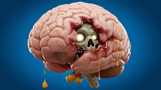 Horror Zombie Skull Emerging from a Graphic Pink Brain with Dripping Yellow Fluid and Red Blood Against a Dark Blue Background and Glowing Eyes