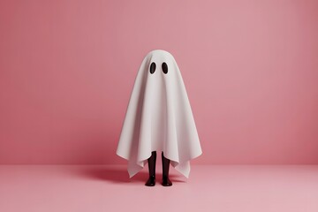 Person in ghost costume standing against pink background