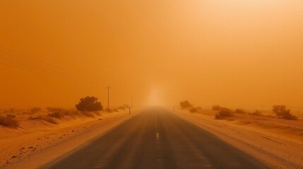 Wide shot of a deserted desert road completely obscured by a massive sandstorm and orange dust haze