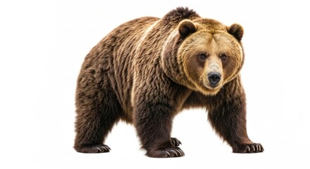 Fototapeta premium Large brown bear stands alert on a plain, bright background