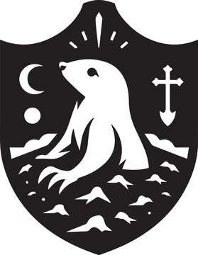 Illustration of a stylized heraldic shield featuring a gopher, m