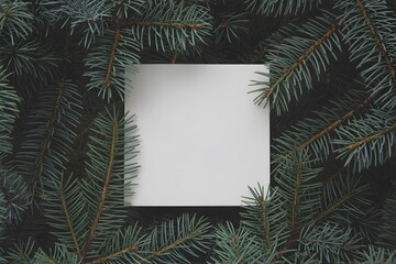 Blank card surrounded by dark evergreen branches