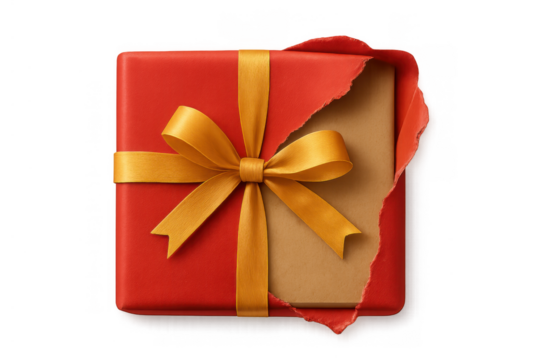 Gift box with red wrapping paper and gold ribbon, partially torn exposing a kraft brown box, on a transparent background