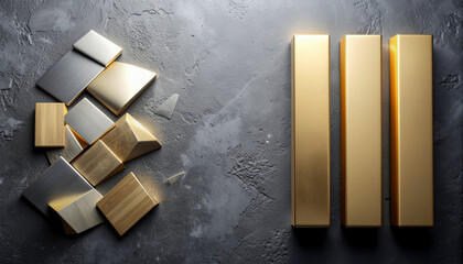 Mind Alignment – From Fragment to Foundation, abstract concept of transformation from chaos to order with golden metallic blocks on dark stone surface