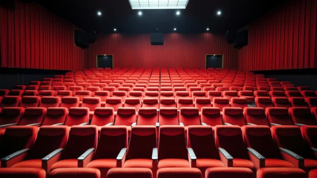 Wide-angle shot of an empty cinema with red seats, capturing the anticipation of a video screening in a modern, minimalist style. Live desktop wallpaper.