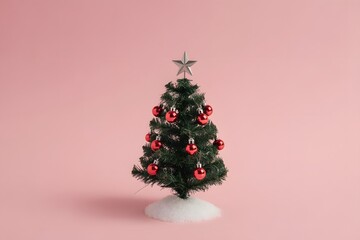 Small decorated christmas tree on pink background