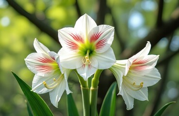 Obraz premium Close-up view of three white amaryllis flowers with delicate red stripes in full bloom. Lush green leaves and blurred background create naturalistic ambiance. These large trumpet-shaped blossoms.
