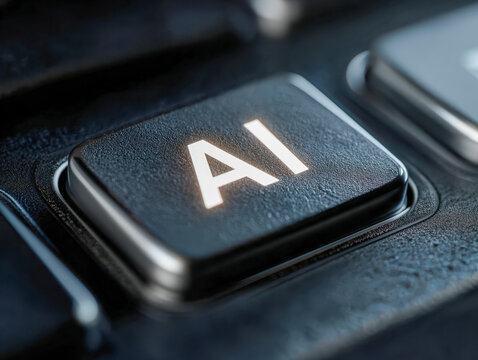 Illuminated key with artificial intelligence letters on a modern computer keyboard symbolizing technology and innovation in digital interfaces and computing fields