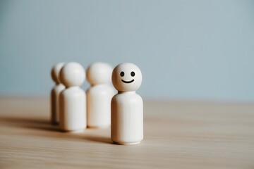 Wooden figures in a line one smiling