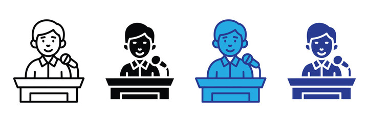 Collection of four icons representing a person speaking at a podium with a microphone, in different styles outline, silhouette, blue filled, and dark blue filled, isolated on white background