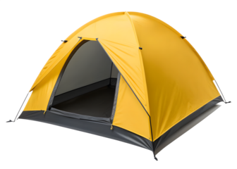 Yellow camping tent with open door isolated on transparent background, equipment