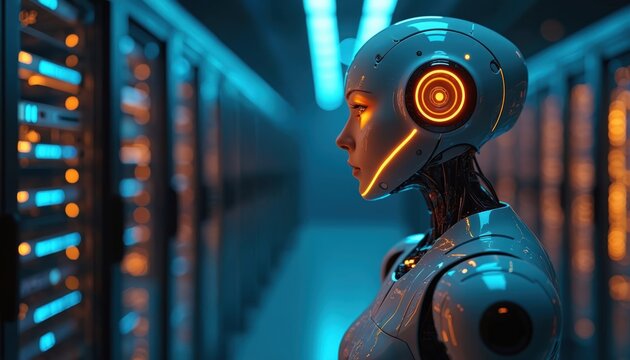 Futuristic robot face profile in data center. AI cyborg head with glowing eyes futuristic design. High tech automated machine with orange neon lights. Artificial intelligence concept.