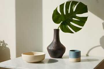 Monstera leaf in vase with ceramic bowls on table