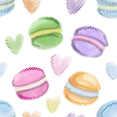 Colorful pattern with macarons. Vector, hand draw with texture. Doodle. Nice pastel colors, watercolors, harts and dots.