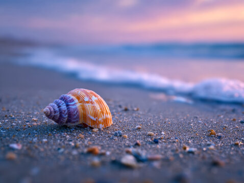 Colorful seashell resting on sandy beach grains with gentle ocean waves and beautiful pastel sky during sunset or sunrise calm coastal atmosphere - Powered by Adobe
