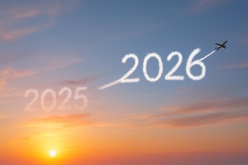 Airplane Transitioning from 2025 to 2026 in Sky with Clouds at Sunset