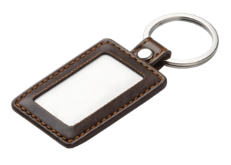 Brown leather keychain with metal ring isolated on transparent background