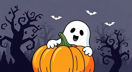 Fototapeta premium Cartoon ghost holding a pumpkin with bats flying in night sky 