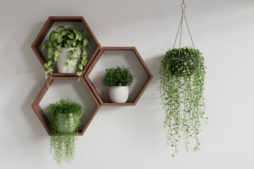 Hexagonal shelves with hanging plants on white wall