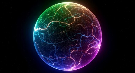 Obraz premium Colorful glowing sphere with electric patterns on black background 