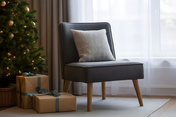 Cozy armchair with christmas gifts and tree