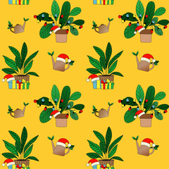 Seamless festive pattern with potted plants, Santa hats and wrapped gifts. Bright modern Christmas design for packaging, eco branding and home decor.