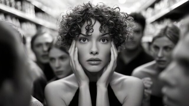 A woman with curly hair looks anxious as she stands surrounded by blurred faces in a crowded store, capturing a moment of overwhelming emotion and heightened intensity, evoking a sense of urgency.