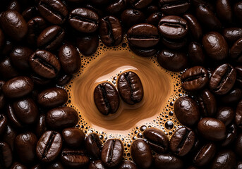 Closeup of roasted coffee beans with a swirl of coffee in the center