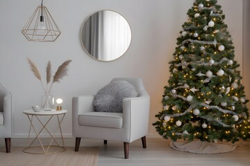 Cozy living room with decorated christmas tree