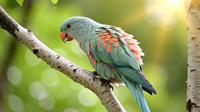 薄ミント色のオウムと白樺の枝 魅惑のループ映像