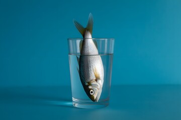 Fish suspended in glass of water against blue background