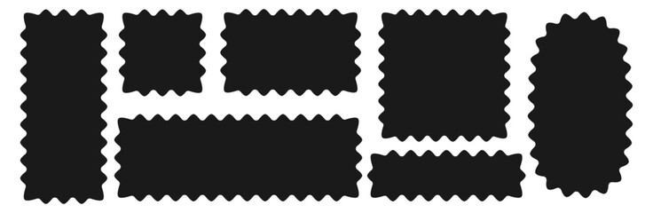 Vector set of rectangle frames tags and labels with wavy, squiggly, curvy borders. Coupon shapes , stamps, crackers with scallop irregular edges isolated on white. Flat design illustration	