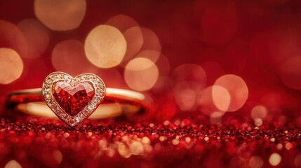 Beautiful heart-shaped ring with sparkling details on a red background