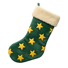 Festive green christmas stocking with yellow stars isolated on transparent background