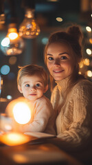 A happy young mother and her adorable baby boy smile at the camera in soft, warm, glowing light during a cozy evening.