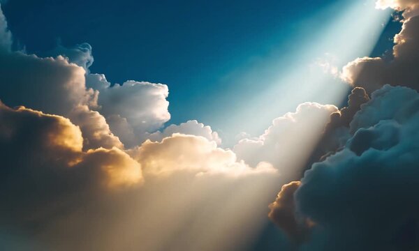 Sun rays streaming through stunning clouds in vibrant blue sky footage