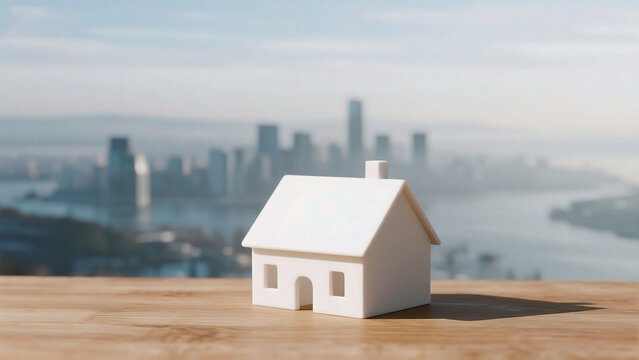 Miniature house with cityscape view