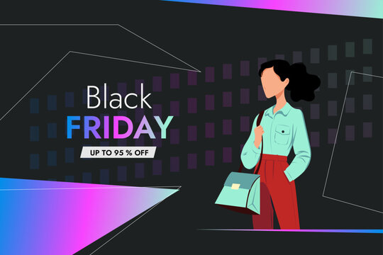 Black Friday discount banner with offer text with a girl in bright clothes
