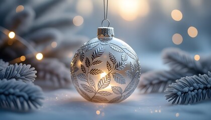 Elegant silver Christmas ornament with delicate leaf design sparkles in a snowy winter scene